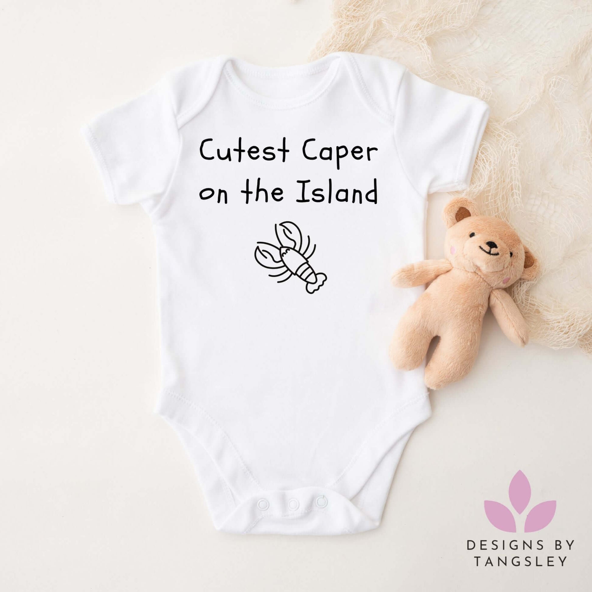 Cutest Caper on the Island baby bodysuit with lobster graphic, handmade in Cape Breton, Nova Scotia