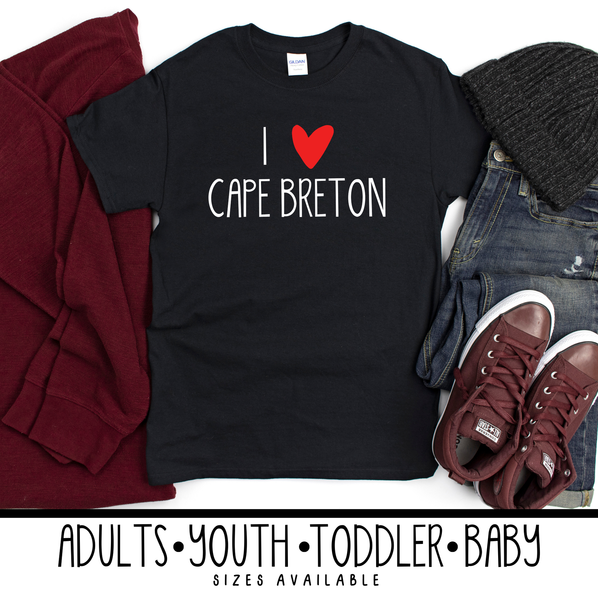 Black tshirt that says I (HEART) CAPE BRETON. The heart is red and the font is white.