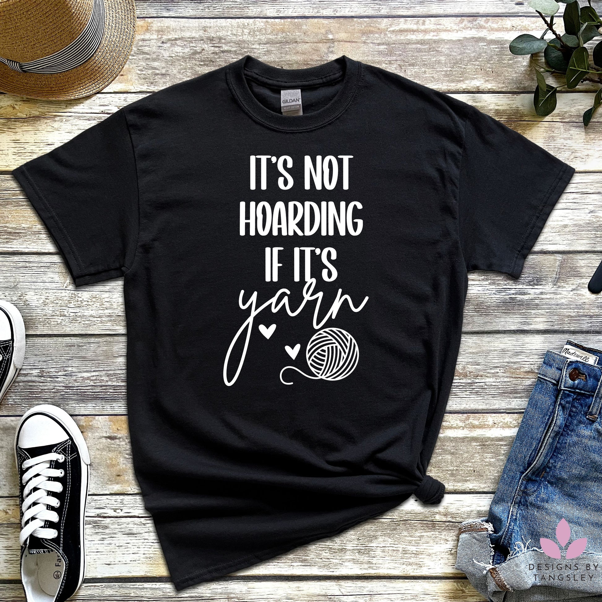 Funny yarn t-shirt for knitters – “It’s Not Hoarding If It’s Yarn” – handmade unisex gift from Canada