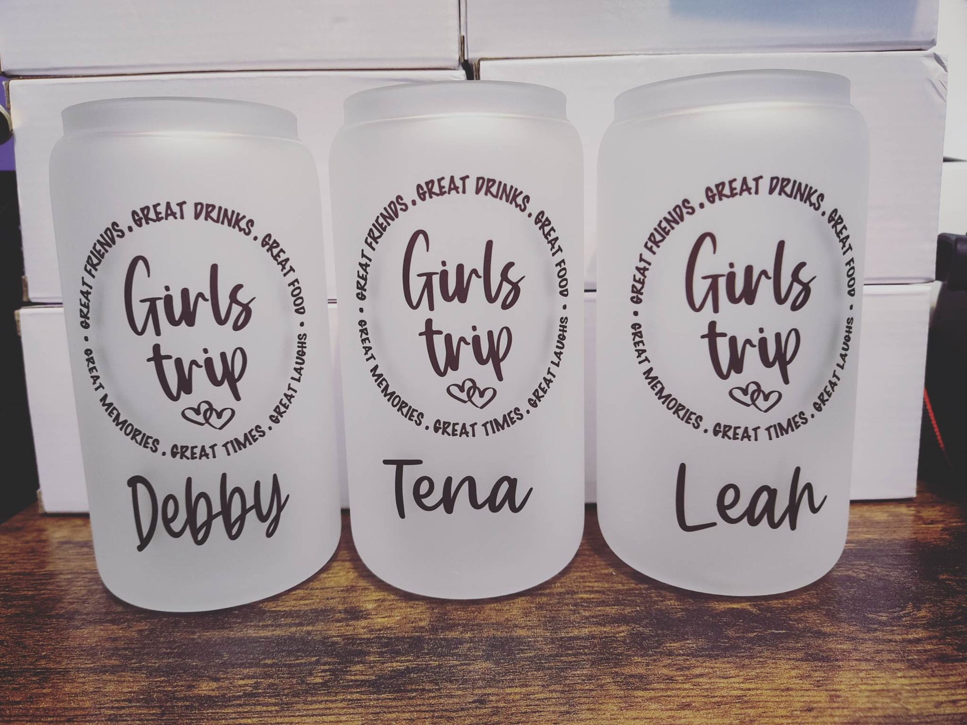 Girls trip personalized frosted beer can glasses - Designs by Tangsley