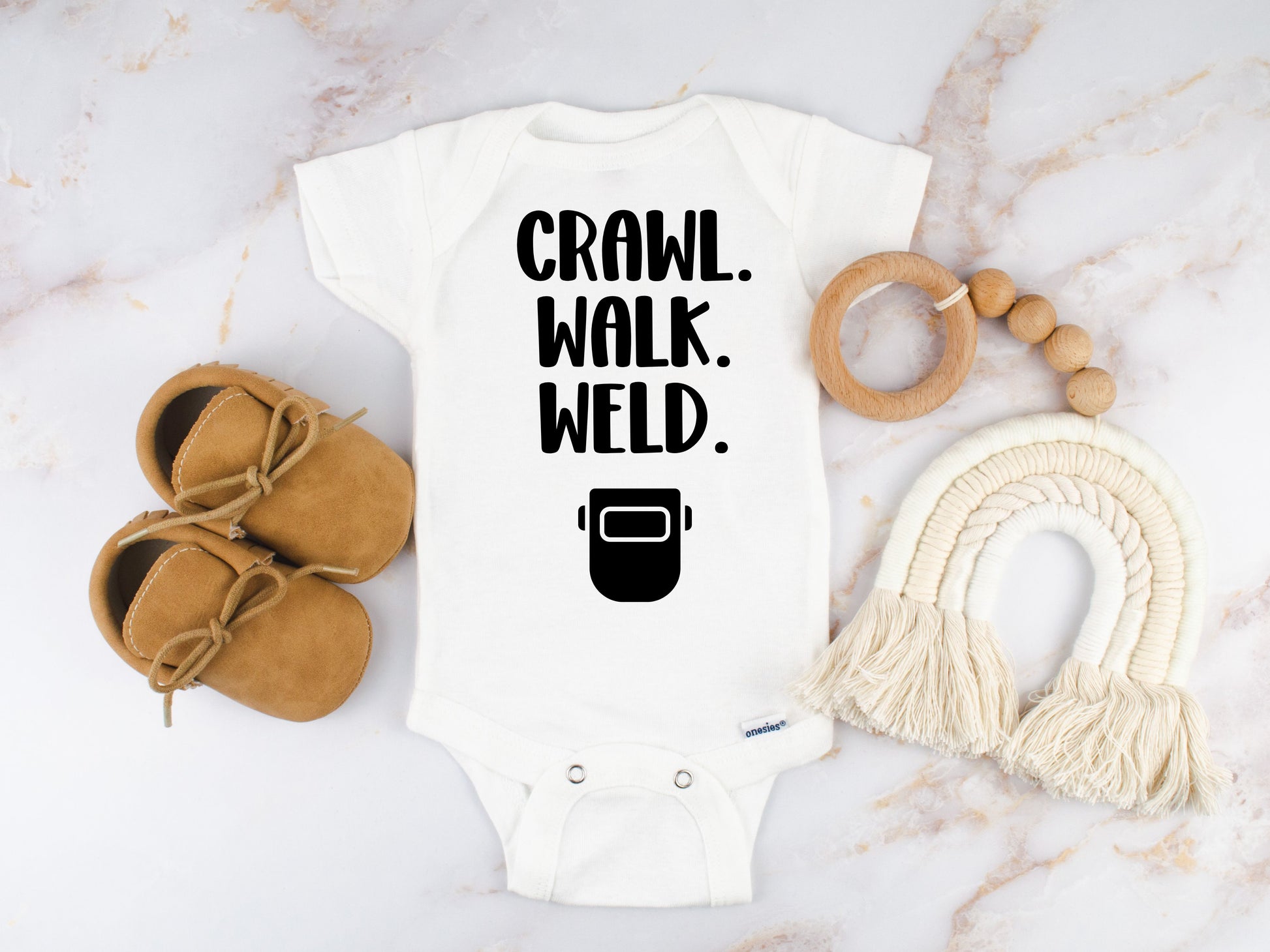 Funny Crawl Walk Weld baby bodysuit handmade in Nova Scotia – welding baby gift