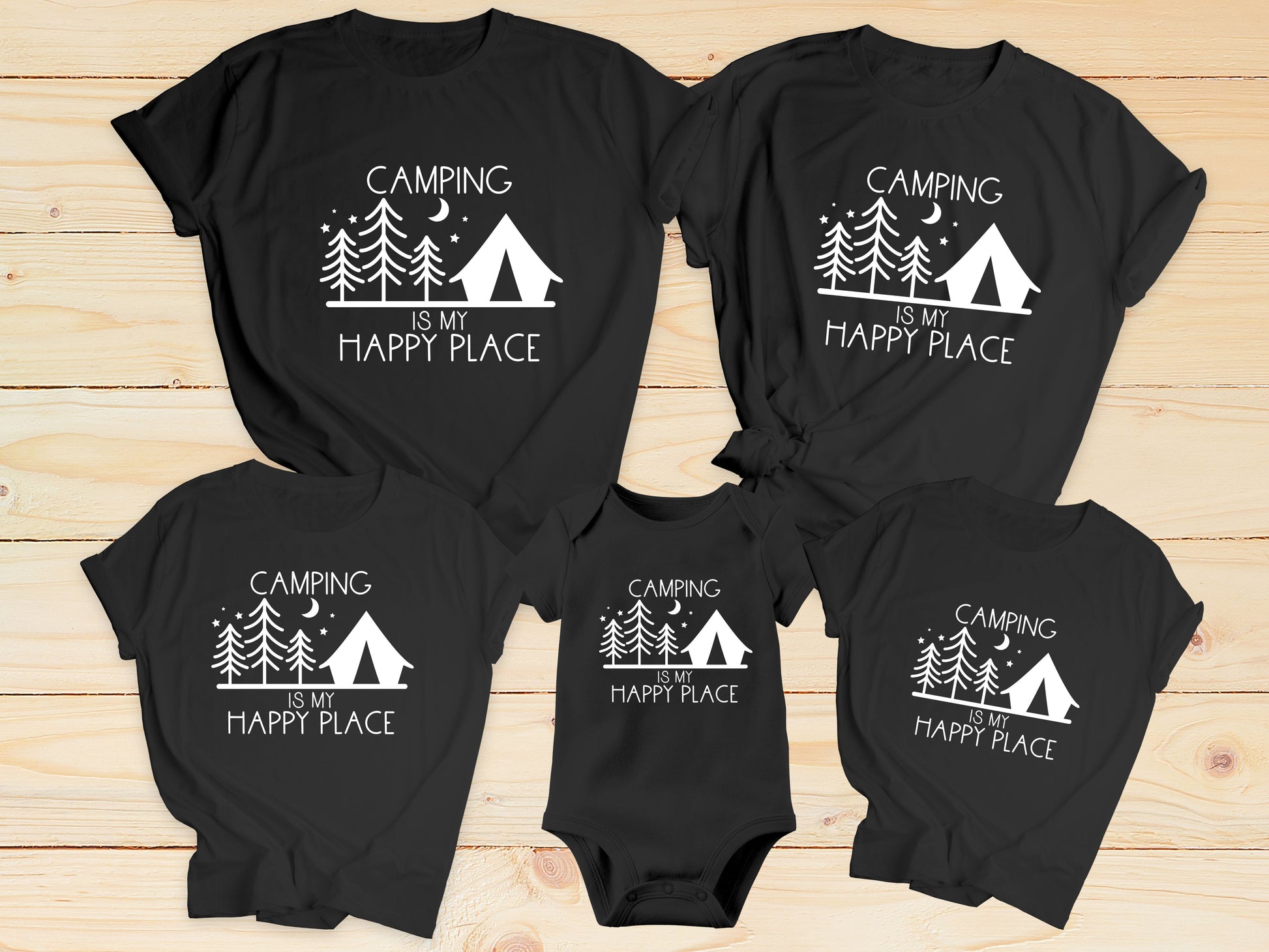Camping is my happy place matching family t-shirts - Designs by Tangsley