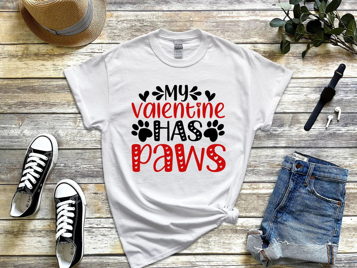 My valentines has paws adult t-shirt - Designs by Tangsley