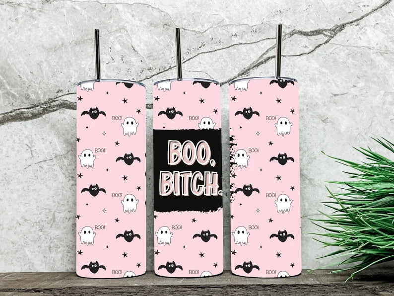 Boo Bitch Halloween 20 oz skinny tumbler - Pink - Designs by Tangsley