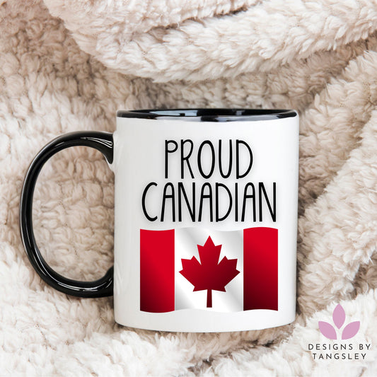 Black and white Proud Canadian Mug with a Canadian flag.