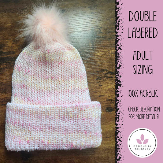 Pink Lemonade double knitted beanie with pompom