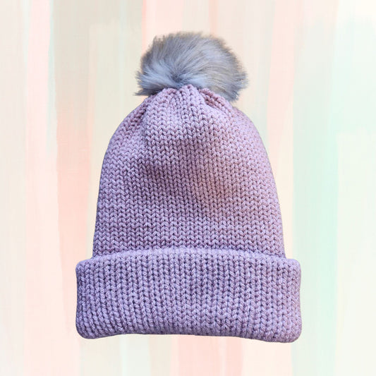 Mauve double knitted beanie with brim and grey pompom