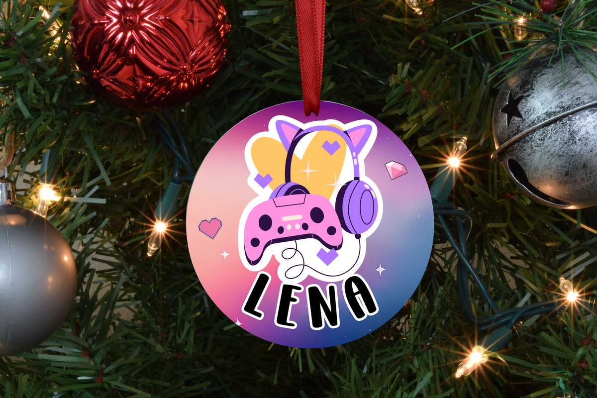 Personalized pink gamer girl Christmas ornament shaped like a game controller with custom name printed on both sides