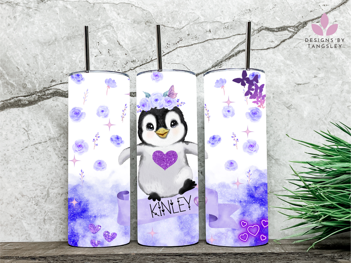 Personalized Purple Penguin 20oz Skinny Tumbler - Designs by Tangsley