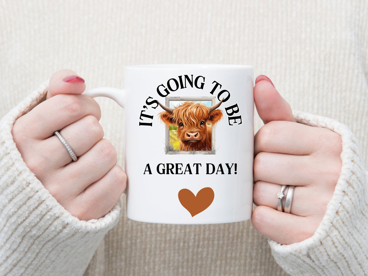 It's going to be a great day! Highland cow affirmation mug - Designs by Tangsley