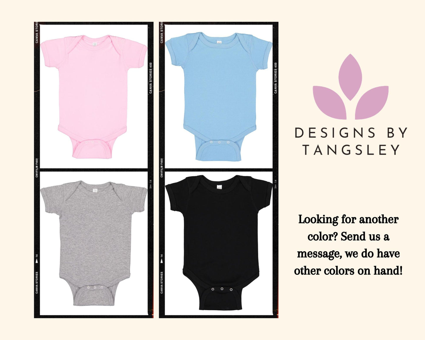 color chart. it shows the bodysuits in pink, blue, grey and black. we can also order other colors!