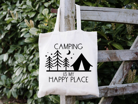 Camping is my happy place tote bag