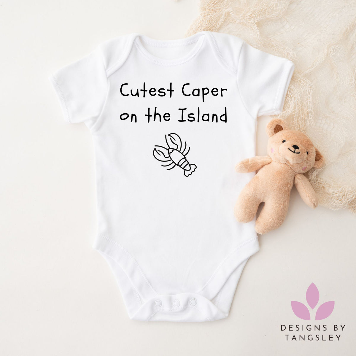 Cutest Caper on the Island baby bodysuit with lobster graphic, handmade in Cape Breton, Nova Scotia
