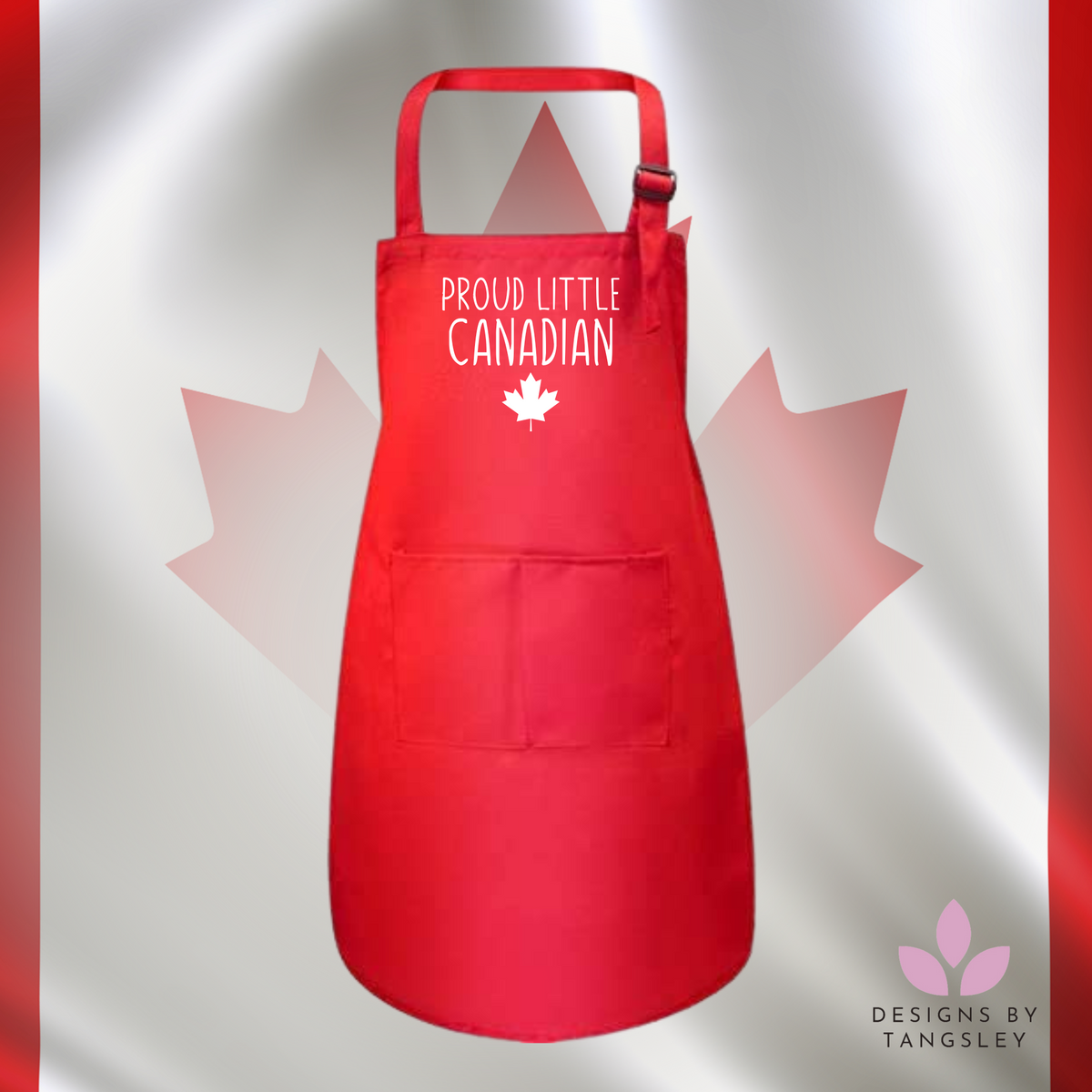 Red apron for kids with adjustable neck strap and two pockets in the front. it says PROUD LITTLE CANADIAN with a maple leaf in white.