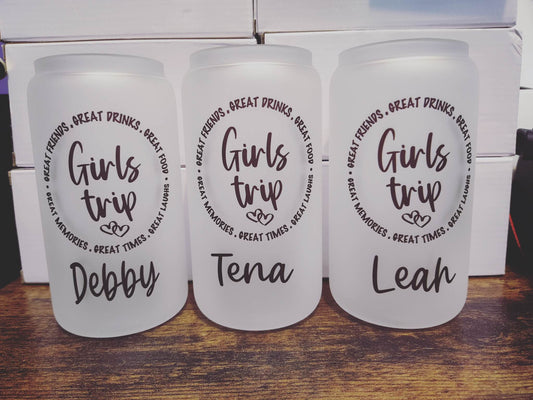 Girls trip personalized frosted beer can glasses