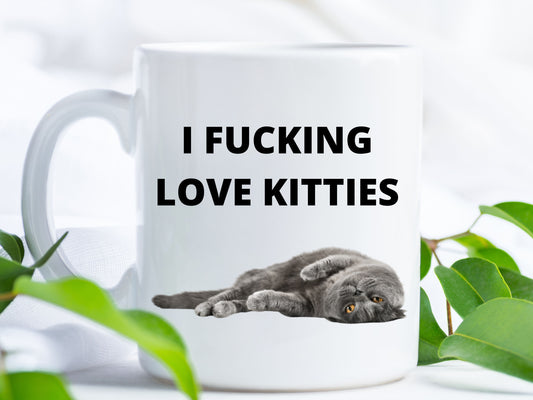 white coffee mug with handle. it says I FUCKING LOVE KITTIES and there's an image of a cat plopped down