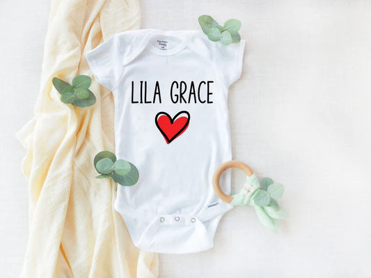 Personalized baby bodysuit with name and heart