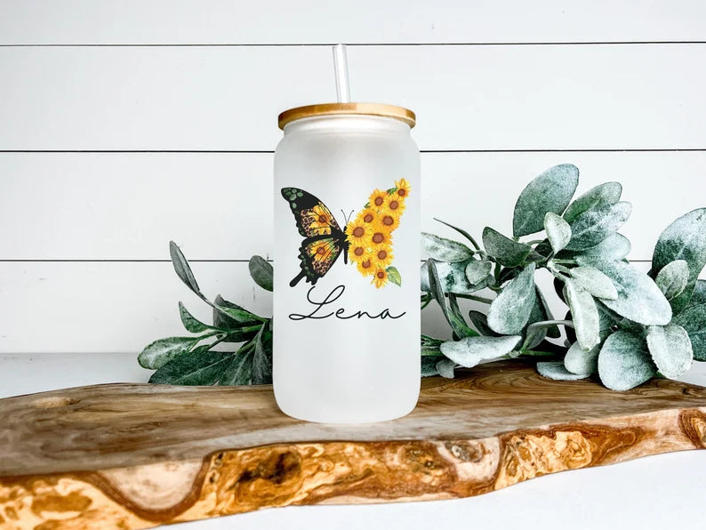 Sunflower butterfly glass beer can glass personalized with name - Designs by Tangsley